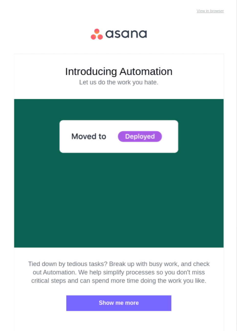 exemplo de e-mail de lançamento de produto do asana