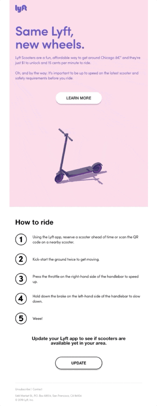 exemplo de e-mail de lançamento de produto do lyft