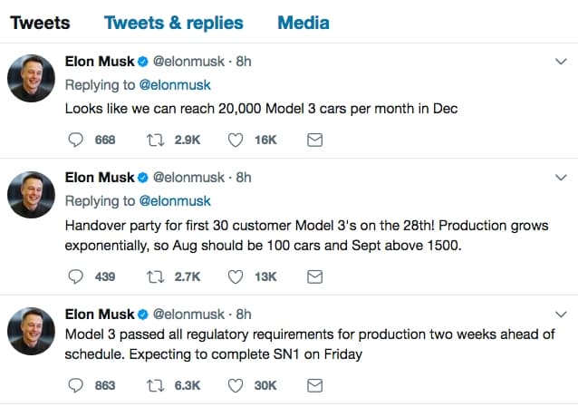 elon musk tesla model 3 product launch tweet teasers