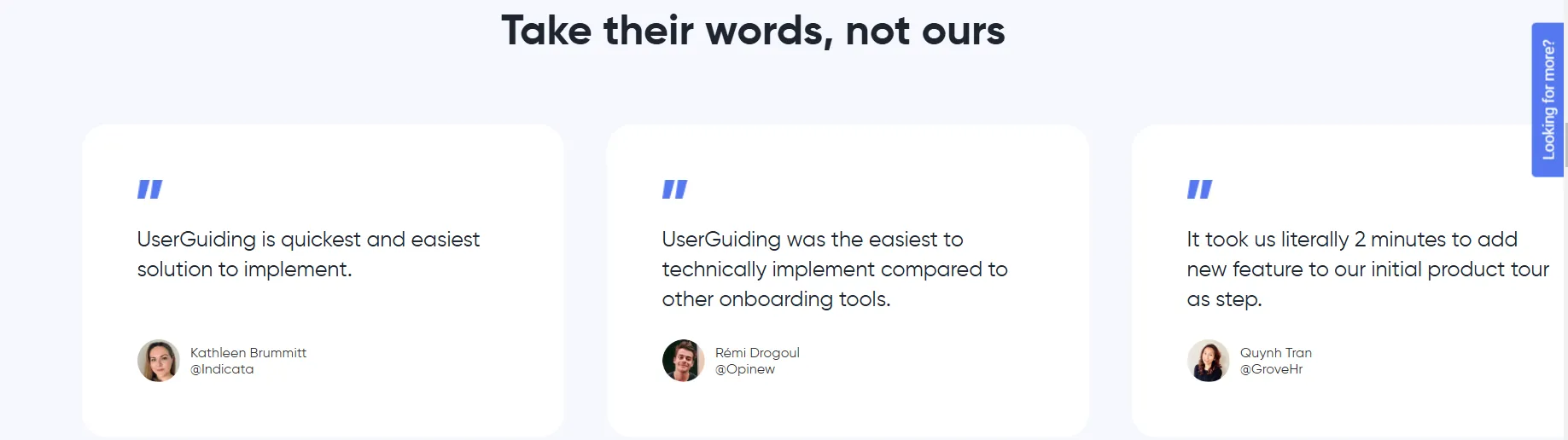 UserGuiding's testimonial wall.