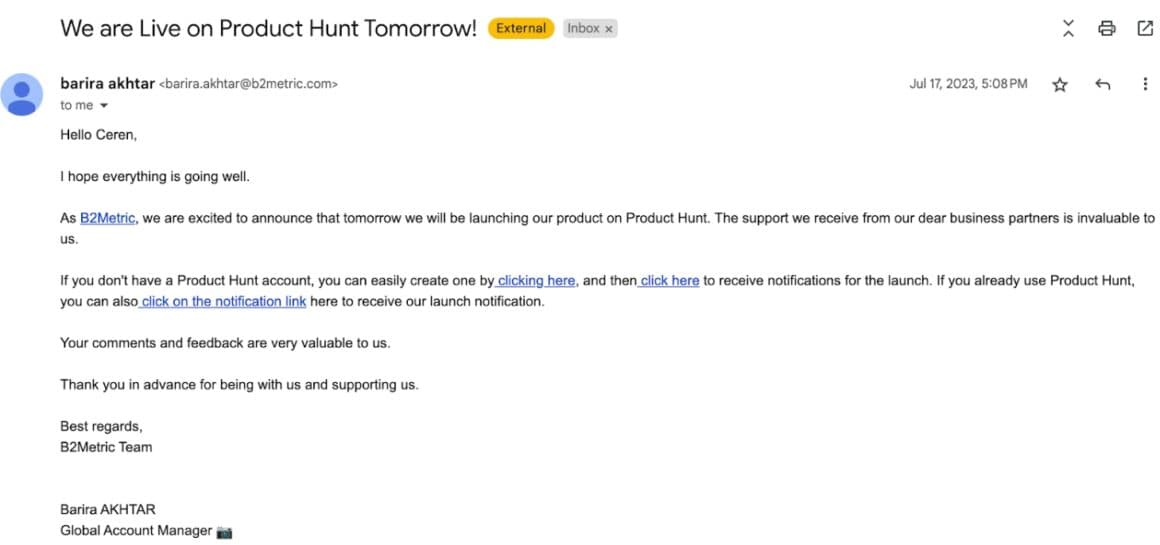 product announcement email examples product hunt