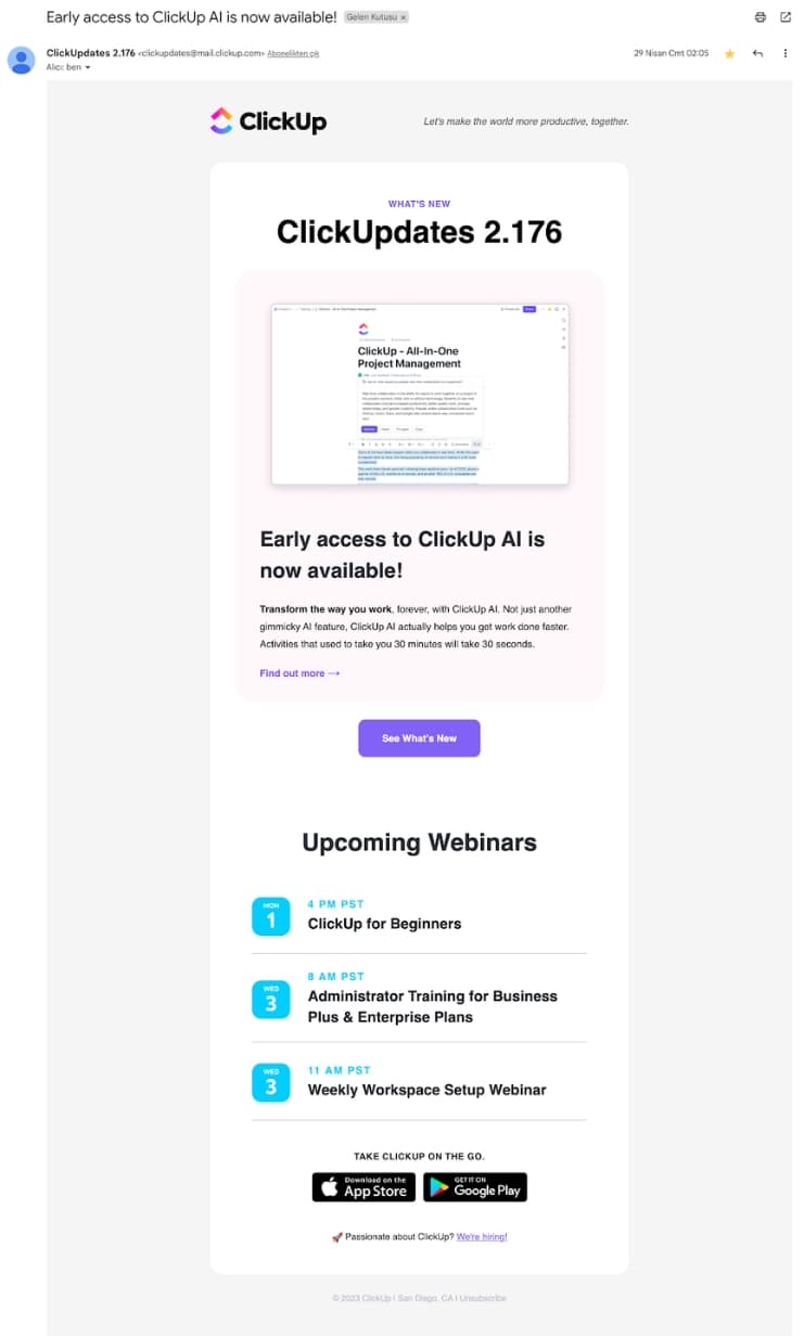 product announcement email examples clickup
