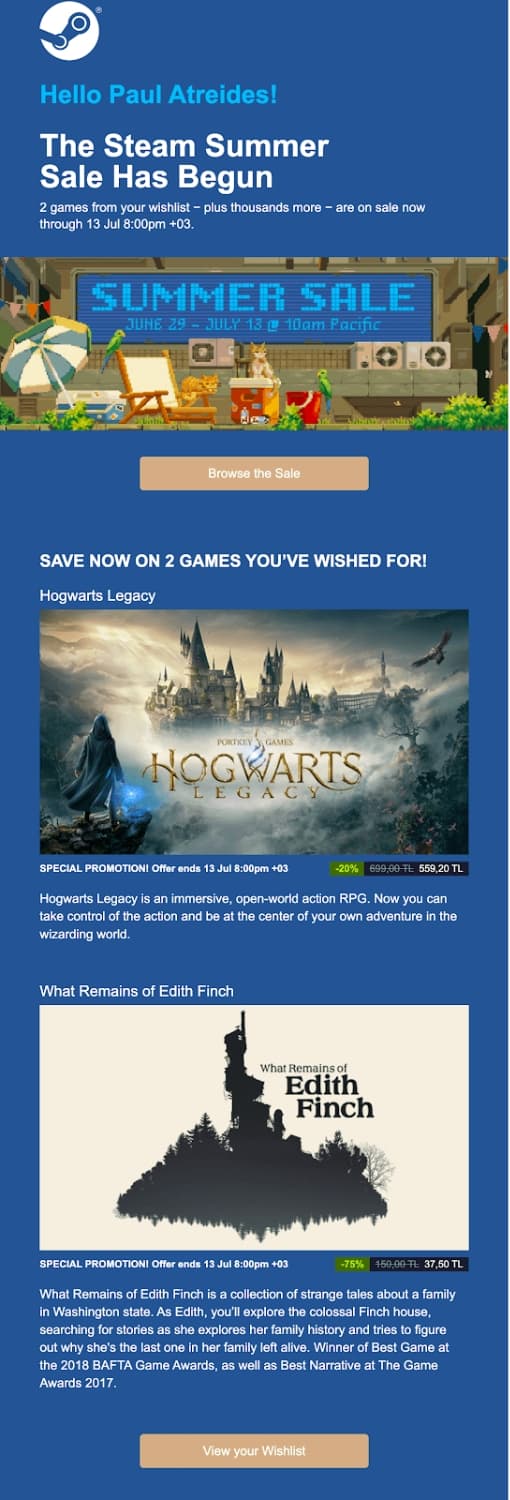 product announcement email examples steam