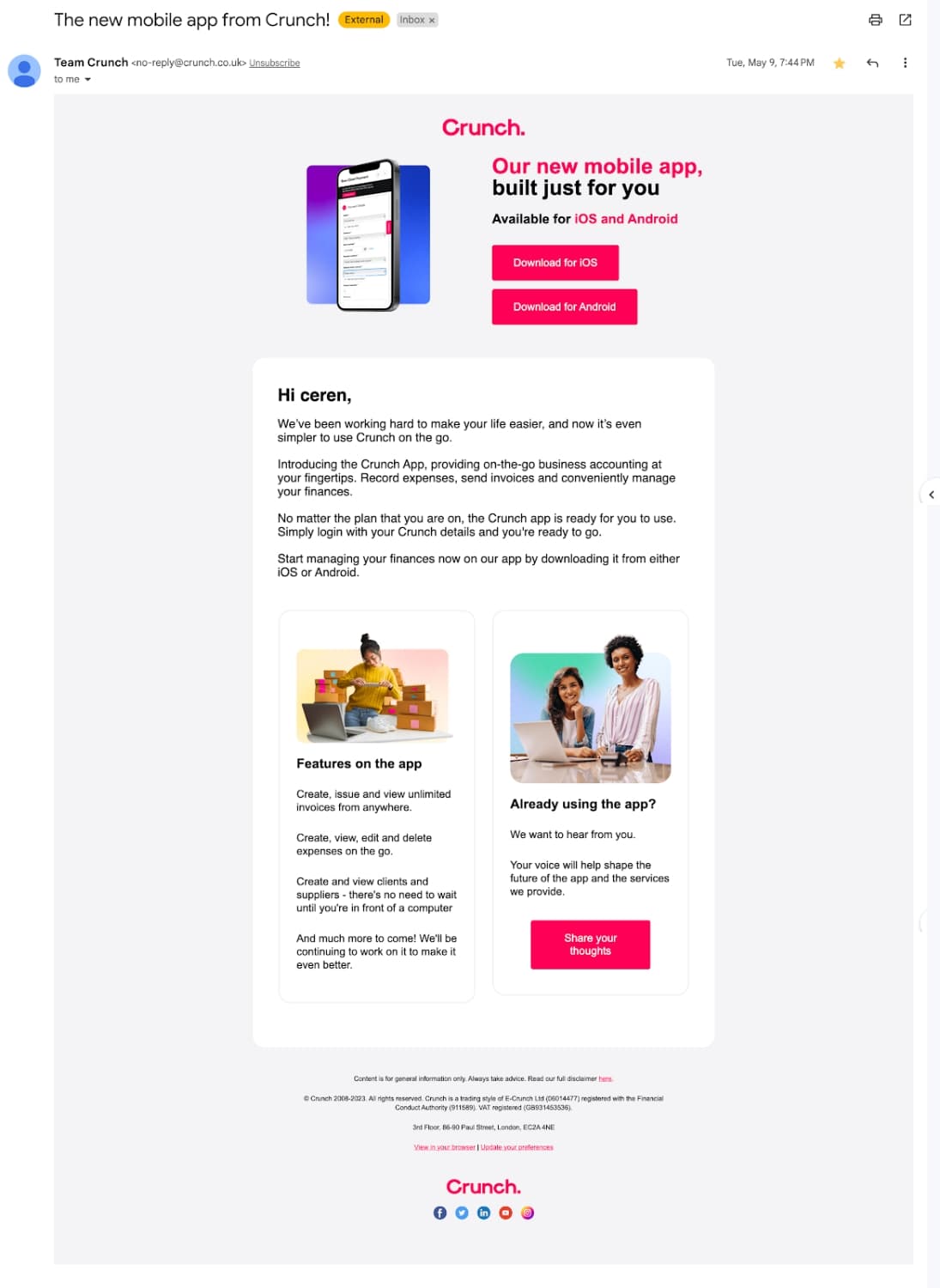 product announcement email examples crunch