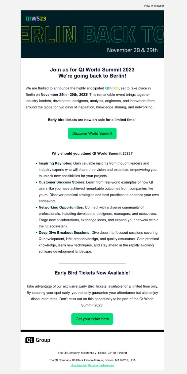 product announcement email examples qt world summit 2023