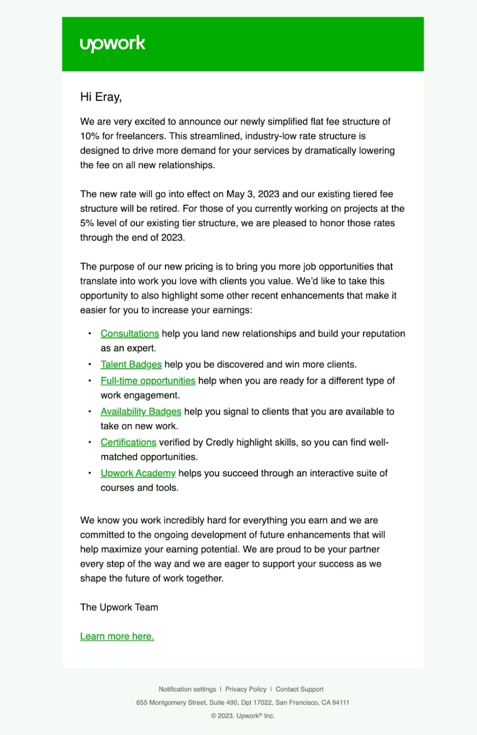 product announcement email examples upwork