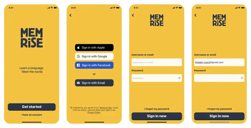 Memrise's log-in process flow