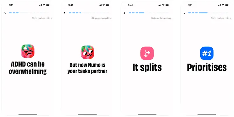 Numo's mobile onboarding screens
