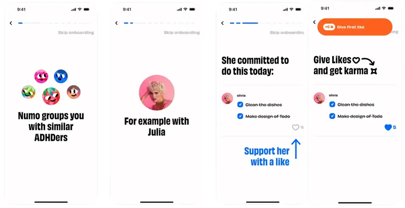 Numo's onboarding screens