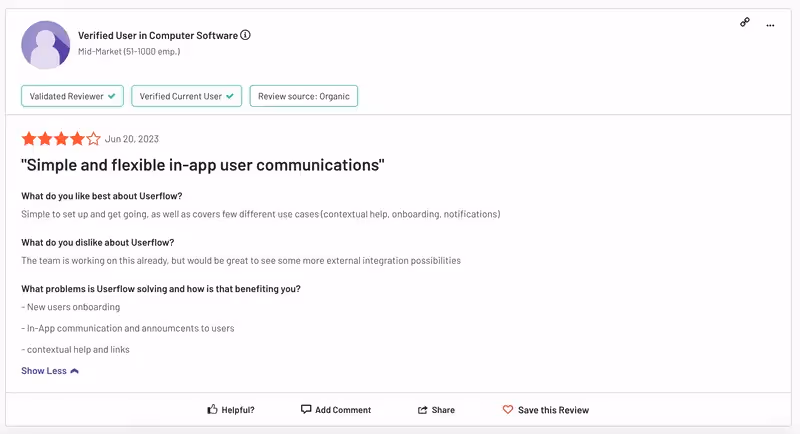 Un commentaire d'utilisateur expliquant les avantages et les inconvénients d'Userflow