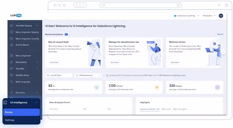 Interface de WalkMe et page d'intelligence de l'interface utilisateur