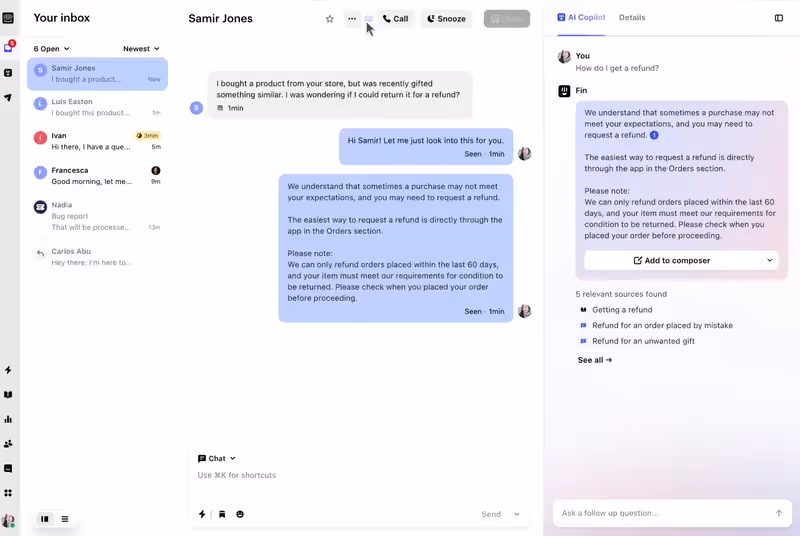 Interface et page de réception d'Intercom