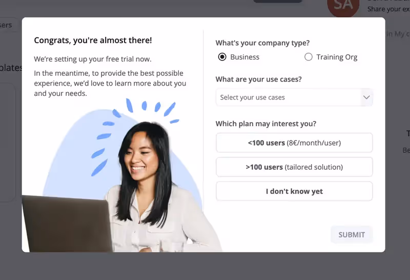 Pesquisa de onboarding da 360Learning com 3 perguntas