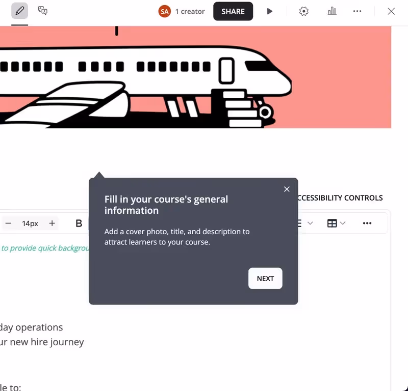 Um exemplo de tooltip do onboarding da 360Learning solicitando que o usuário preencha as informações do curso que está criando