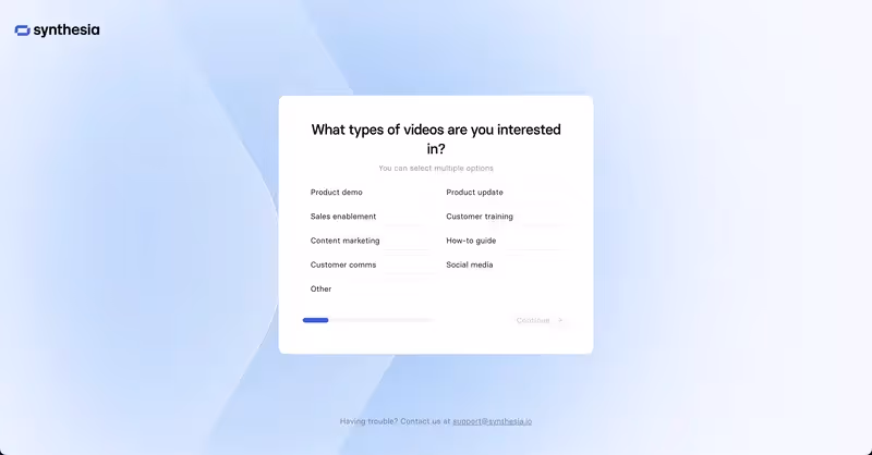 Um exemplo de pergunta da pesquisa de onboarding da Synthesia perguntando ao usuário sobre os tipos de vídeo nos quais ele está interessado