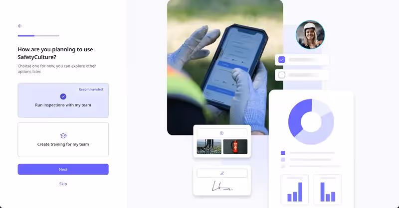 Uma pergunta da pesquisa de onboarding da Safety Culture que questiona o usuário sobre seu caso de uso
