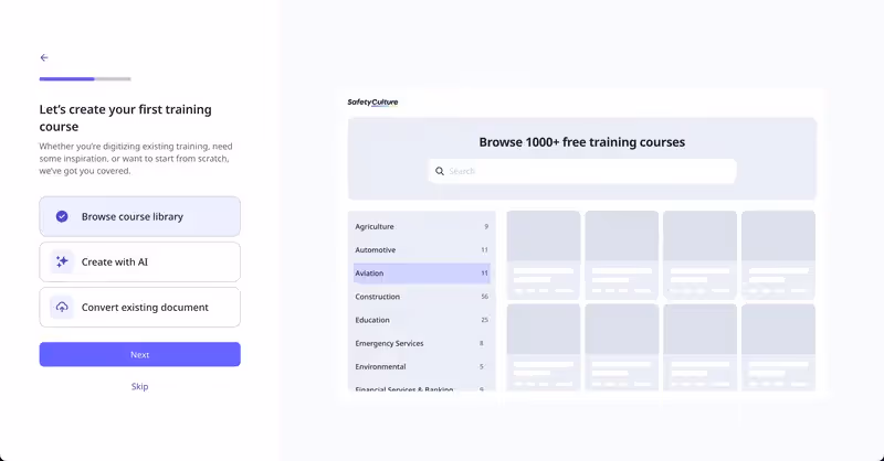 A Safety Culture incentiva o usuário a criar um curso de treinamento logo na pesquisa de onboarding