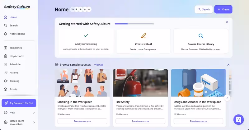 Checklist de onboarding e UI do produto da Safety Culture com 3 itens
