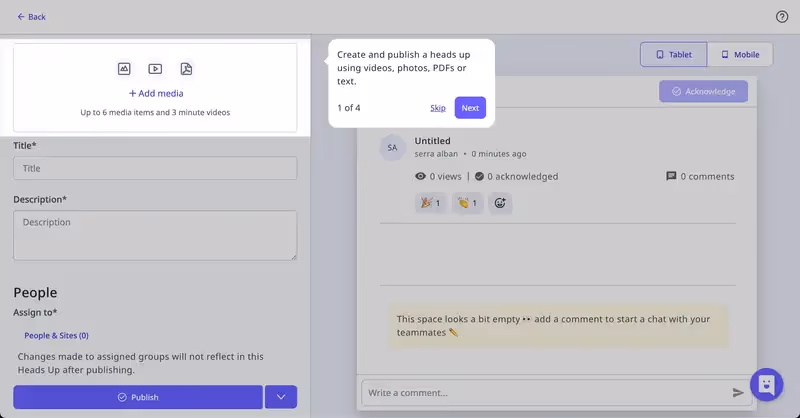 Um exemplo de tooltip dos tutoriais no aplicativo da Safety Culture