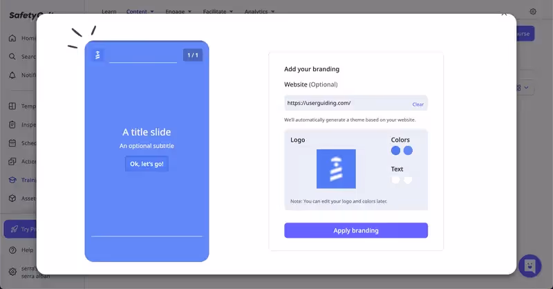 Modal de sobreposição da Safety Culture para personalização da marca