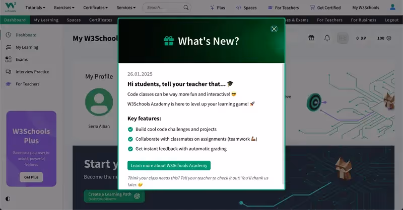 Modal de boas-vindas da W3Schools