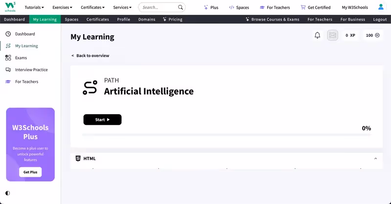 Uma captura de tela da UI da W3Schools e da página My Learning