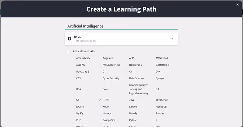 Tela Create a Learning Path d W3Schools.