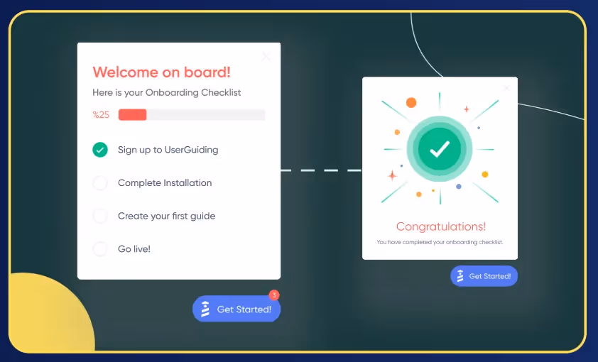 Um exemplo de checklist de onboarding com 4 etapas e taxa de conclusão de 25%, além de uma mensagem de parabéns