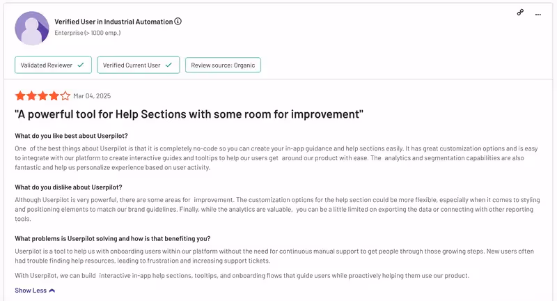 Un commentaire d'utilisateur expliquant les avantages et les inconvénients d'Userpilot