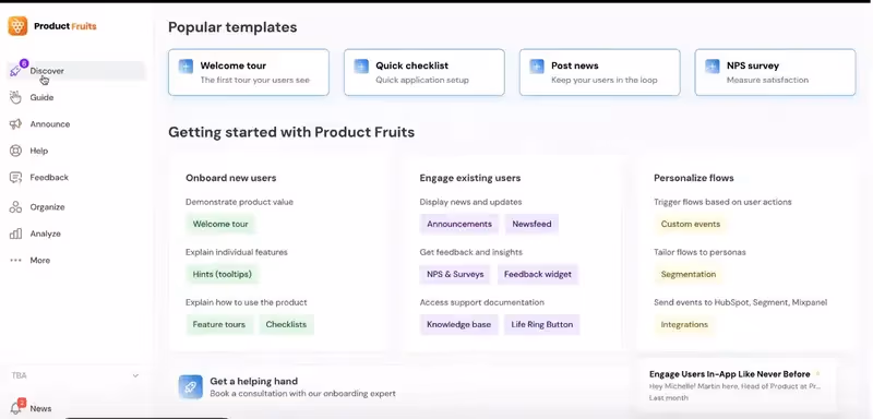 Interface et page d'accueil de Product Fruits