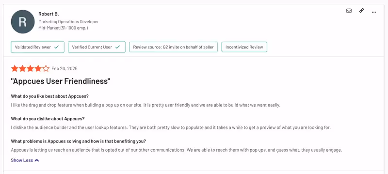 Un commentaire d'utilisateur expliquant les avantages et les inconvénients d'Appcues