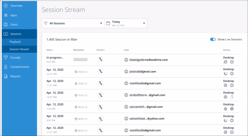 Panel de flujo de sesiones de WalkMe