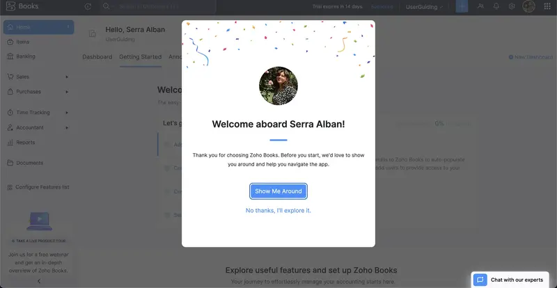 fintech onboarding zoho books modal de boas-vindas