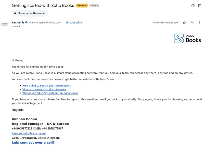fintech onboarding zoho books e-mail