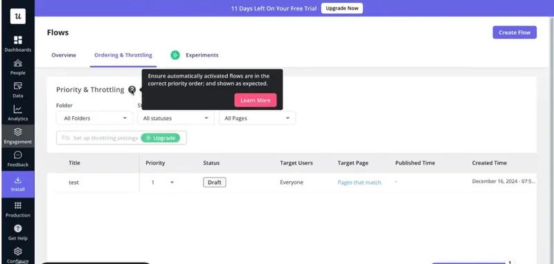 Página de interface e fluxos do Userpilot