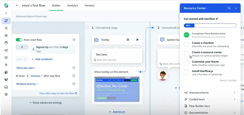 Uma captura de tela da interface e do construtor de fluxos do Userflow