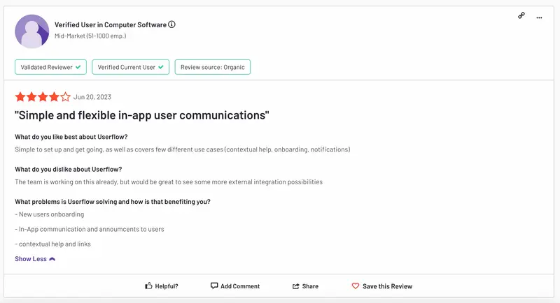 Uma avaliação de usuário explicando os prós e os contras do Userflow