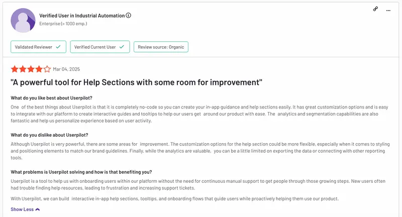 Uma avaliação de usuário explicando os prós e os contras do Userpilot