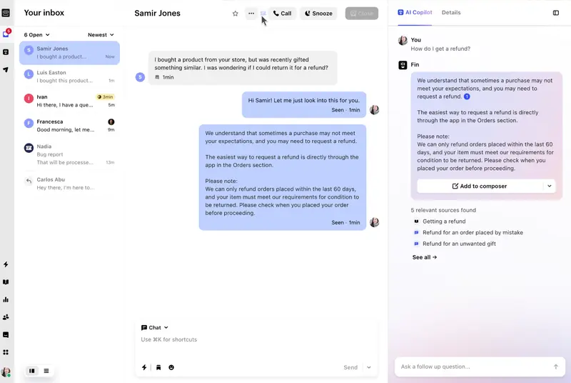 Interface e página da caixa de entrada da Intercom