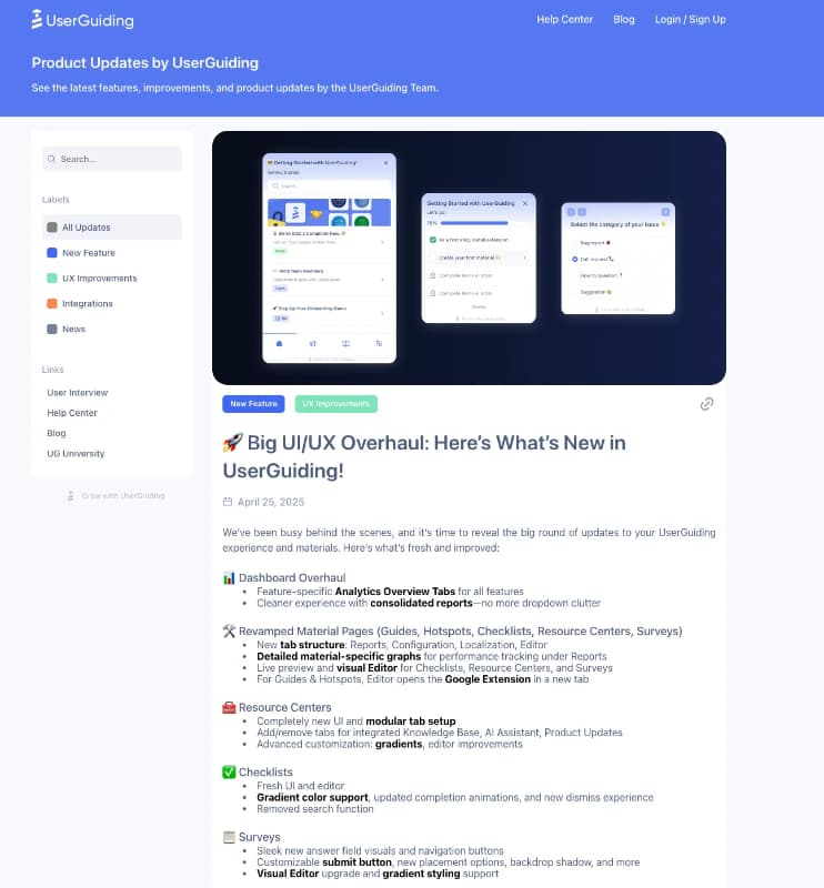 Atualizações do produto da UserGuiding