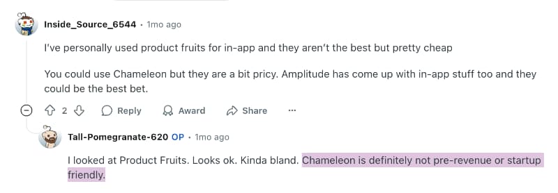 Uma postagem no Reddit sobre os preços do Chameleon serem caros para empresas em fase inicial e sem receita