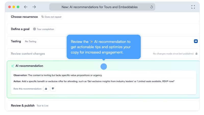 Recomendações da IA do Chameleon para tours e conteúdos incorporáveis