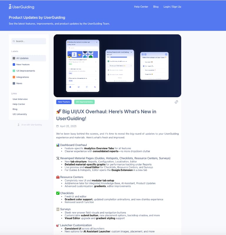 Página de atualizações do produto da UserGuiding e exemplo de nota de versão sobre melhorias na experiência do usuário.