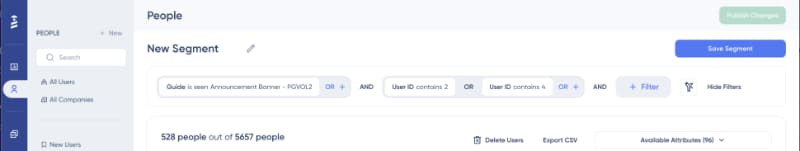 Segmentação da UserGuiding com diferentes filtros e regras