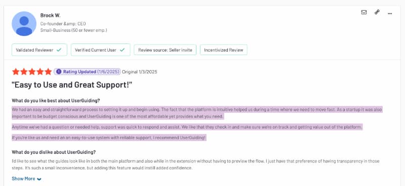 Avaliações do G2 sobre os prós e contras da UserGuiding