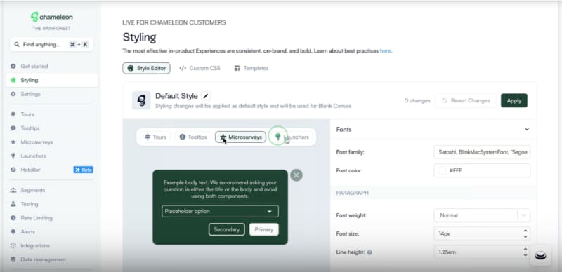 Página de personalização do Chameleon