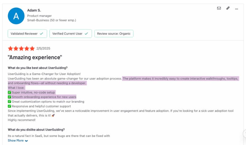 Avaliação no G2 sobre os prós e contras da UserGuiding