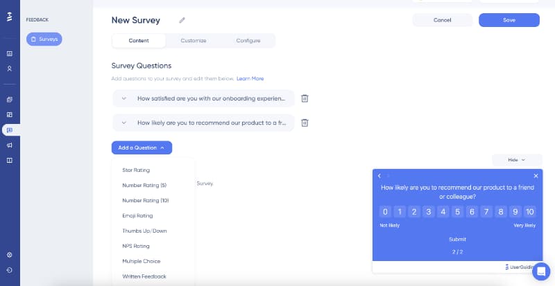 Tipos de perguntas e construtor de pesquisas in-app