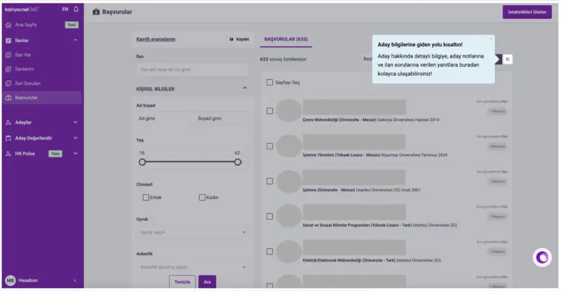 Exemplo de tooltip da Kariyer.net para apresentar a plataforma