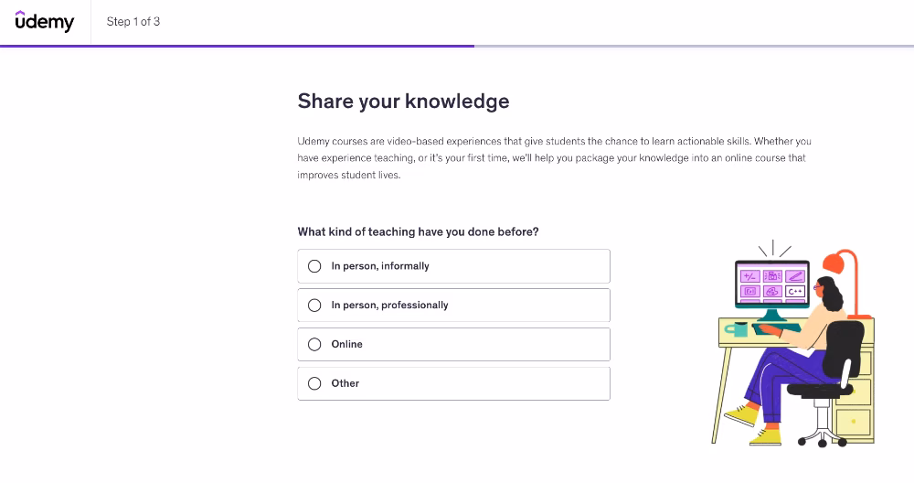 Uma pergunta de exemplo da pesquisa de onboarding do Udemy para novos instrutores